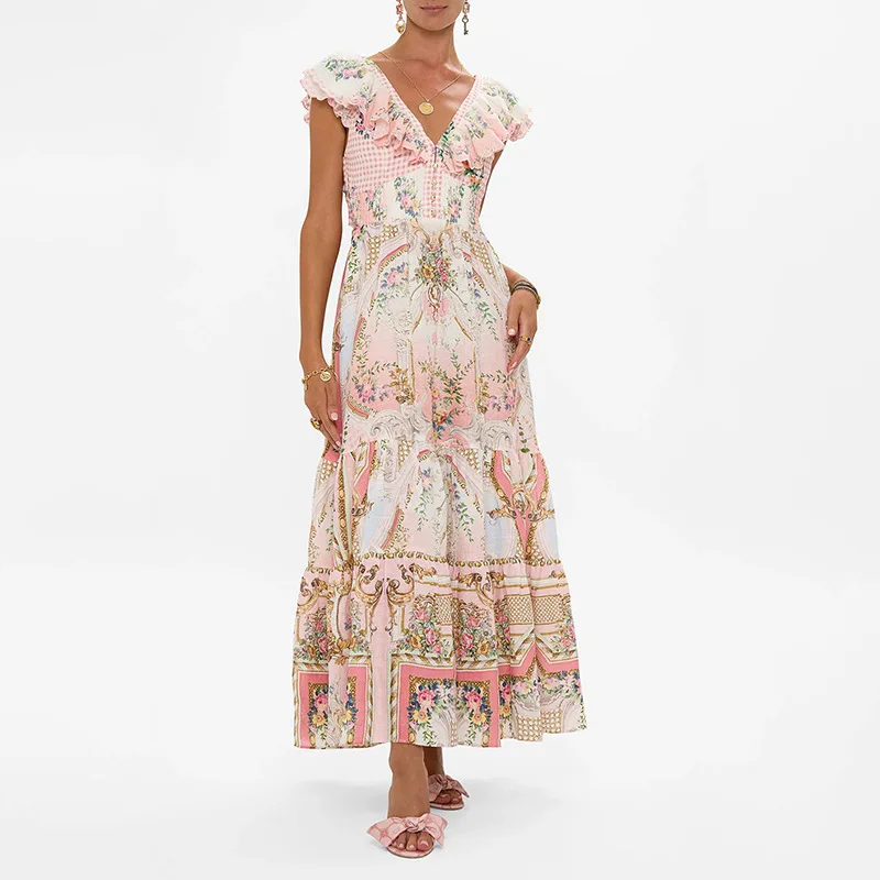 

Bohemian StyleVStrap Tie Long Dress 2025New Vintage Print Design Beach Vacation Dress Women