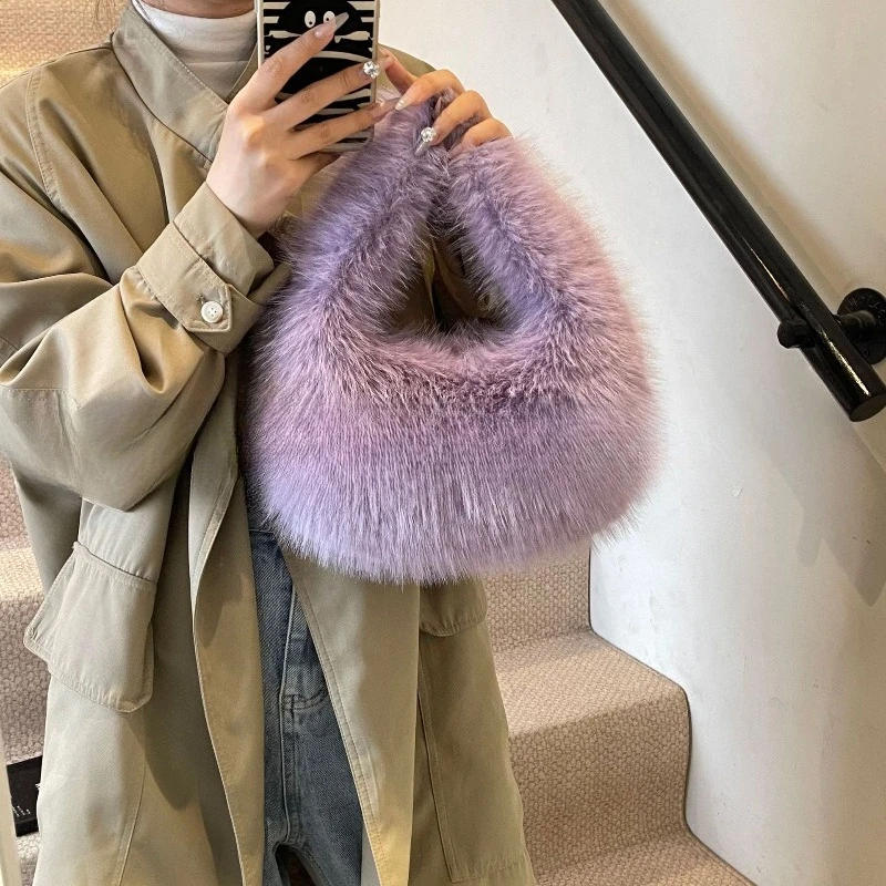 الشتاء مصمم فروي فو الفراء حقيبة يد صغيرة فاخرة حمل حقيبة المرأة المألوف لينة الفراء شبه دائرية القمر حقيبة حقيبة السفر