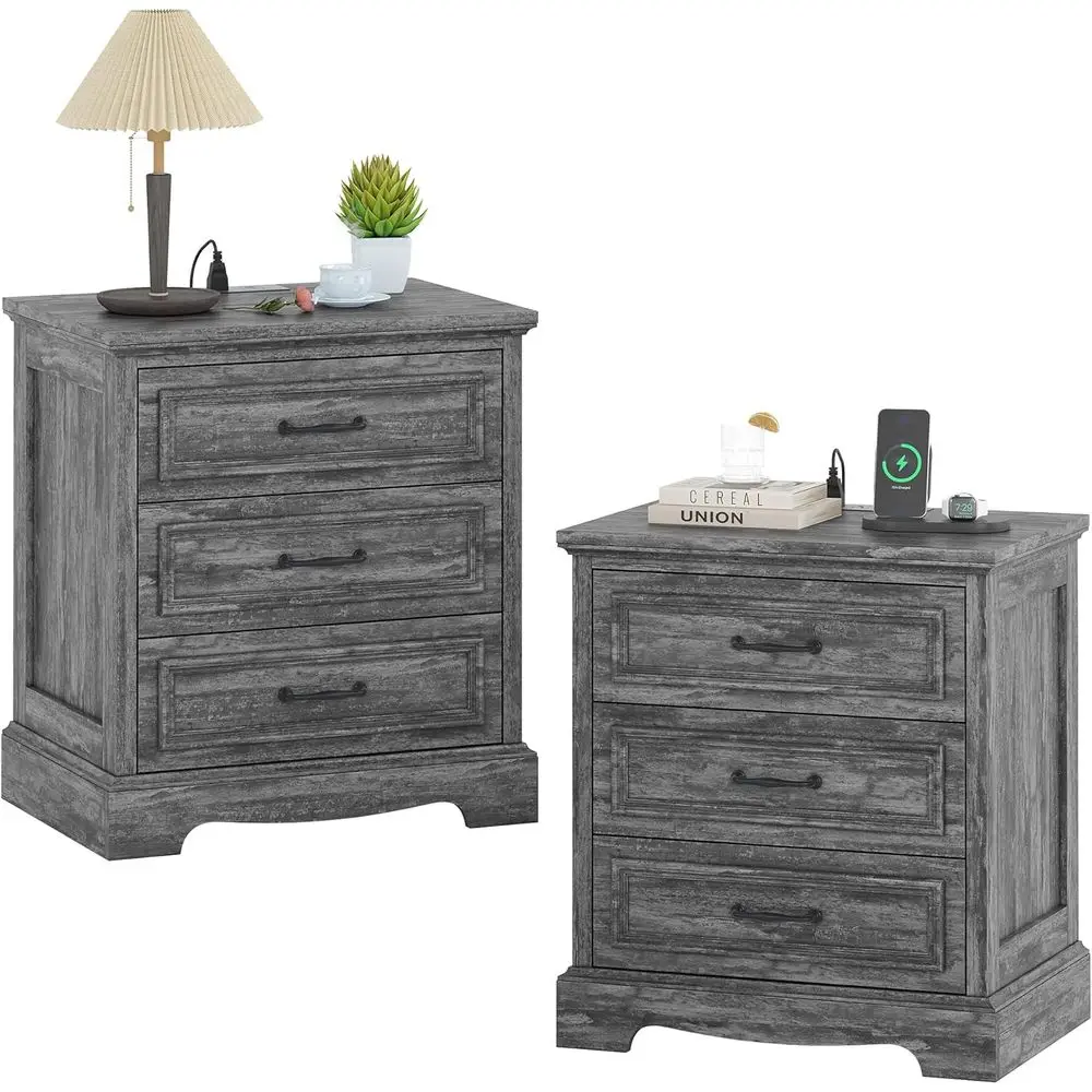 

21.7" armhouse Nightstand Set o 2 with Charging Station,White End Table with 3 Ders,Wood Night Stand ern Bede Cabinet or Bedroom
