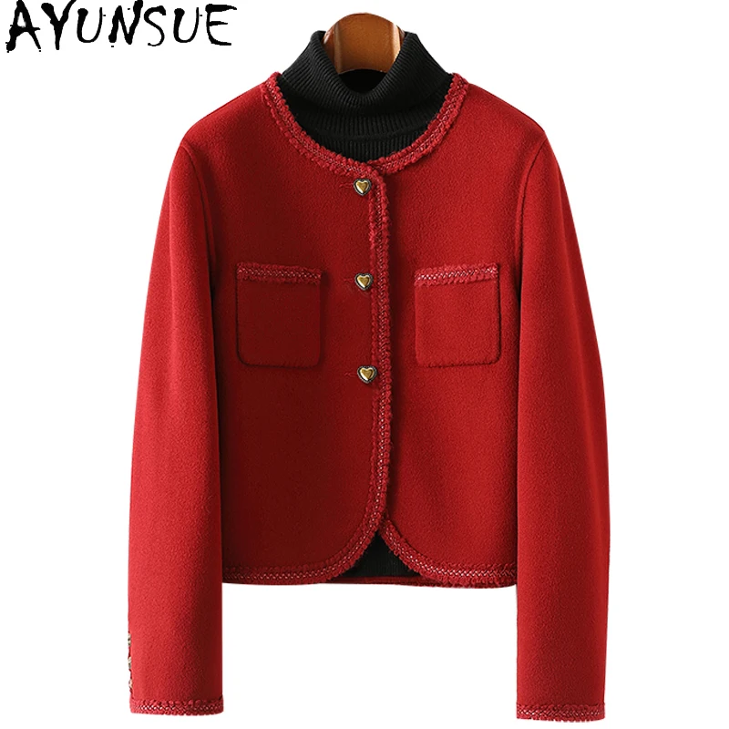 

AYUNSUE Fashion 100% Wool Coats for Women 2023 Fall Winter Elegant Short Single-breasted Wool Jacket O-neck Jaqueta Feminina