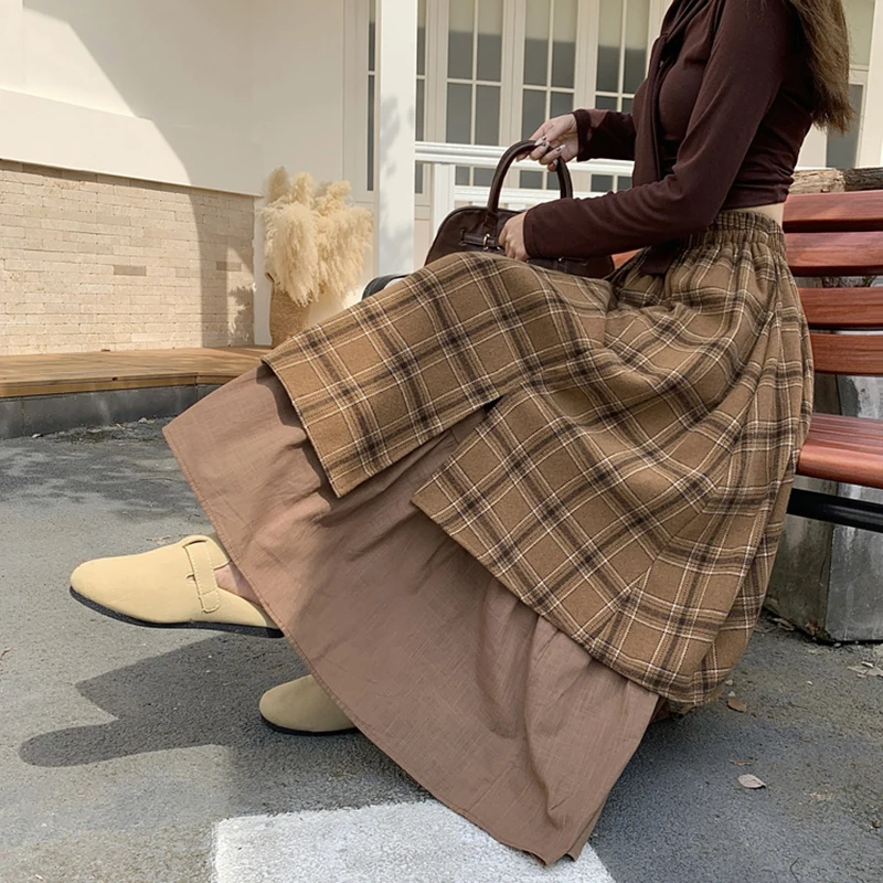 Vintage Plaid Woolen Midi Skirt Women Japanese Harajuku Patchwork Asymmetrical Skirts Winter Korean Casual Design A Line Faldas