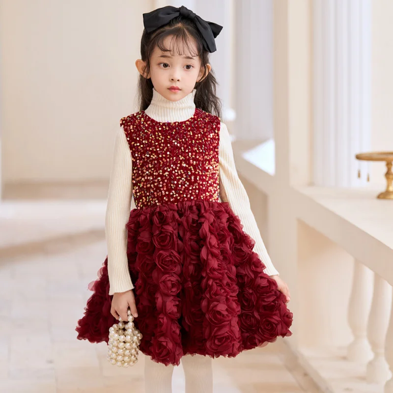 

Children's Princess Dress2025Spring and Autumn New Style Girls' Vest Dress Puffy Dress Girls' Dress Rose Flower Gown Dress