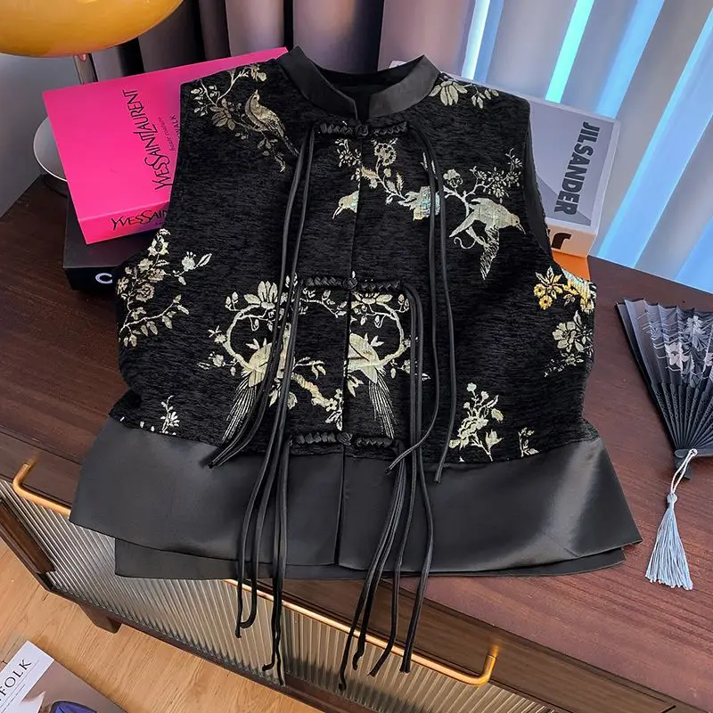 Luxury Vintage Jacquard Vest Top Women Waistcoat Sleeveless Cardigan Black Jacket Single-breasted Design Vests