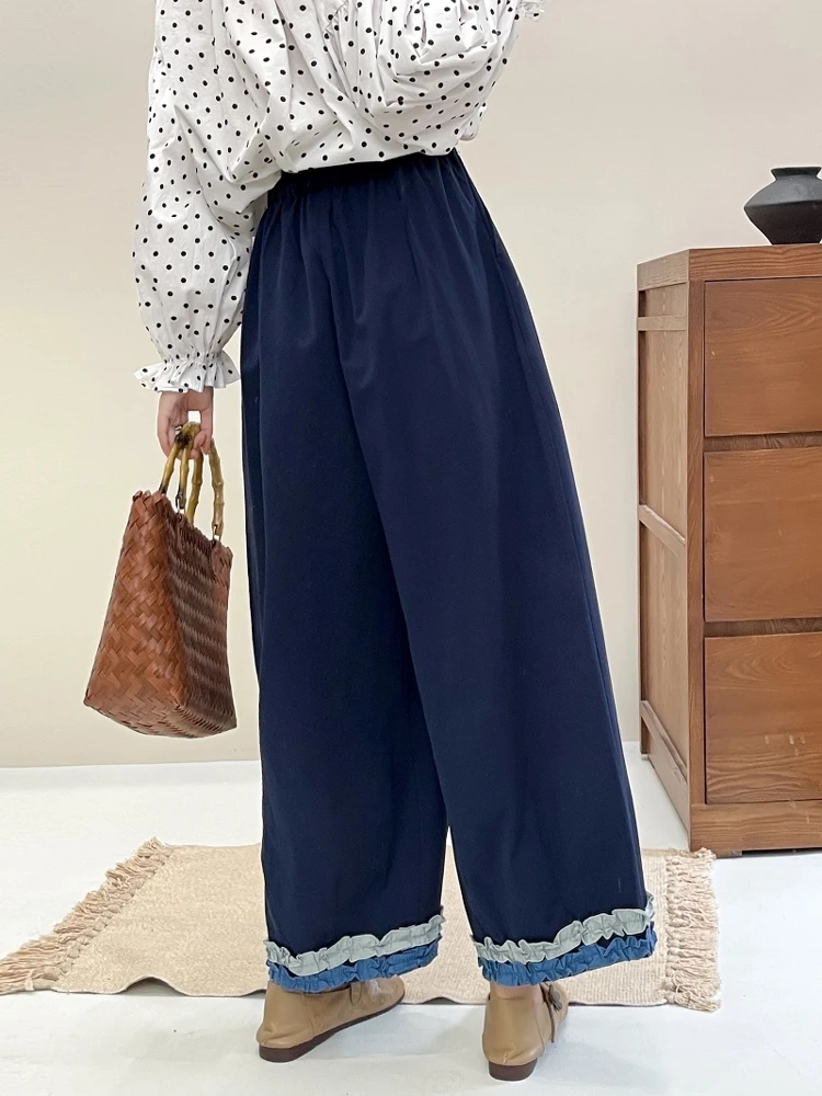 กางเกงขายาวทรงตรงเอวสูงผ้าฝ้ายเนื้อนุ่ม ดีไซน์ต่อผ้าแฟชั่นสำหรับผู้หญิง