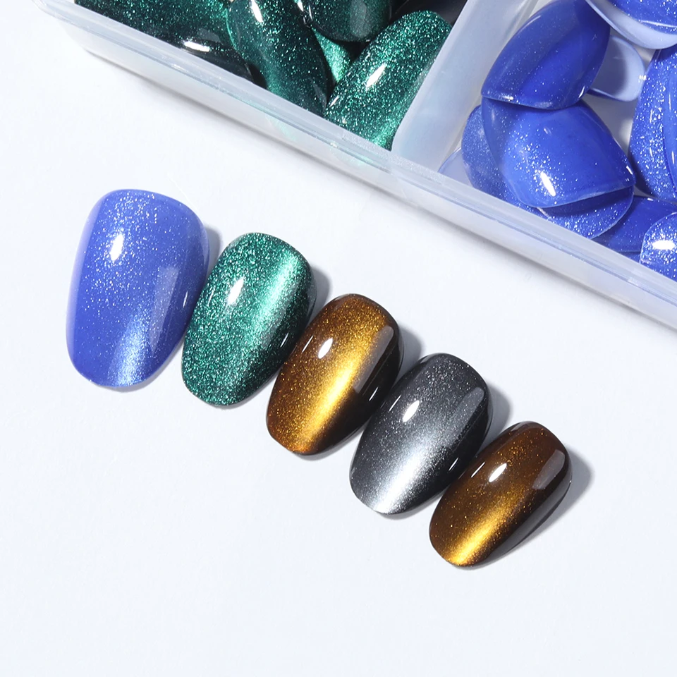 96 piezas (4 estilos) de uñas postizas cortas ovaladas en azul, verde y gris, efecto ojo de gato cristal, estilo Y2K 3