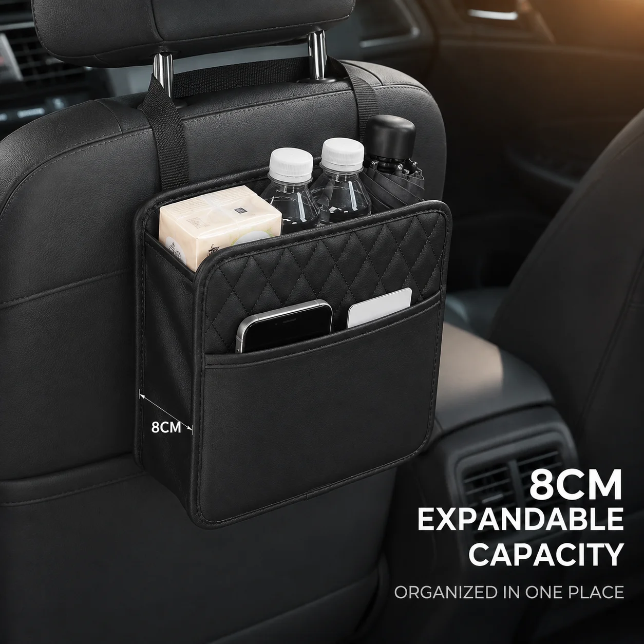 Universal Leather Car Seat Back Storage Bag Multifunctional Organizer Tissue Holder and Garbage Bin for Most Vehicle Models