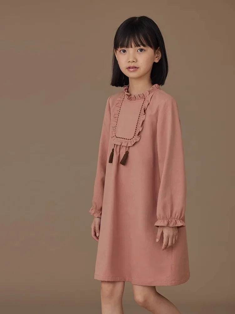 

Childern Clothing Girl Cotton Dress Solid Long Sleeve A-line Fall Dress Kids Autumn Casual Clothes Lace Skirt