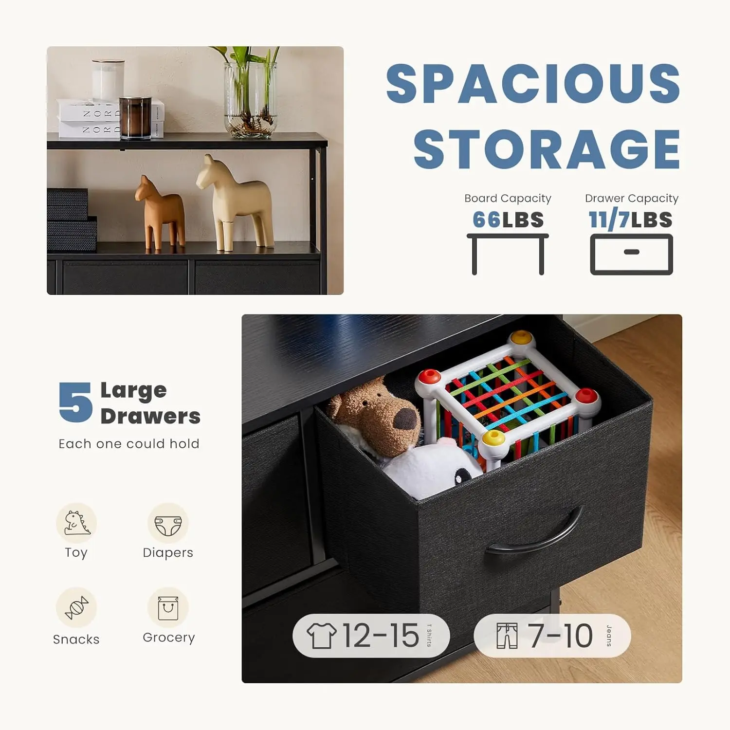 Suporte de TV com 5 gavetas de tecido para TV de 45 polegadas, pés ajustáveis, mesa de console de armazenamento em preto