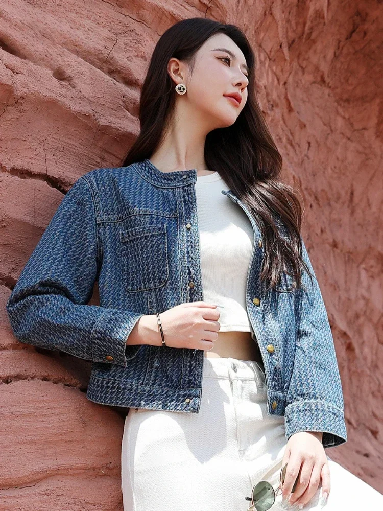 New French High-end Elegant Denim Jacket Women With Short Style Temperament Jacquard Woven Loose Slimming Top