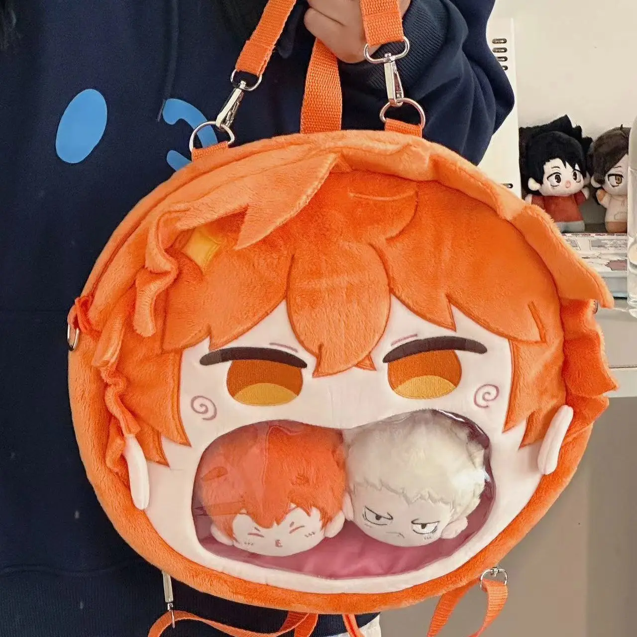 Anime Haikyuu!! Hinata Shoyo Big Mouth Pain Bag Plush Transparent Backpack Decoration Crossbody Bag Portable Doll Storage Bag