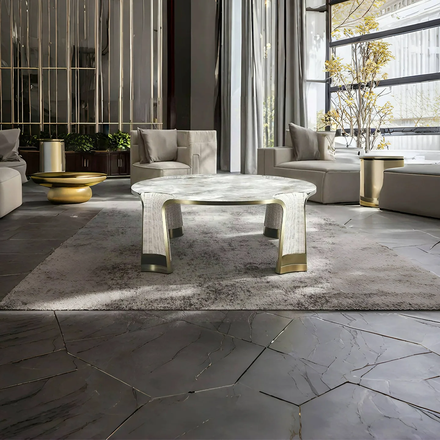 Marble coffee table light luxury artistic sense metal living room woven corner table