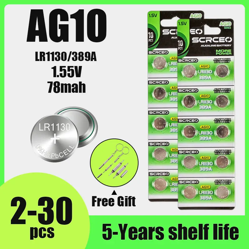 1.55V 78mAh AG10 SR1130 LR54 Alkaline Coin Battery 2-30PCS 389 G10 189 LR113 V10GA for Watch Clock Remote