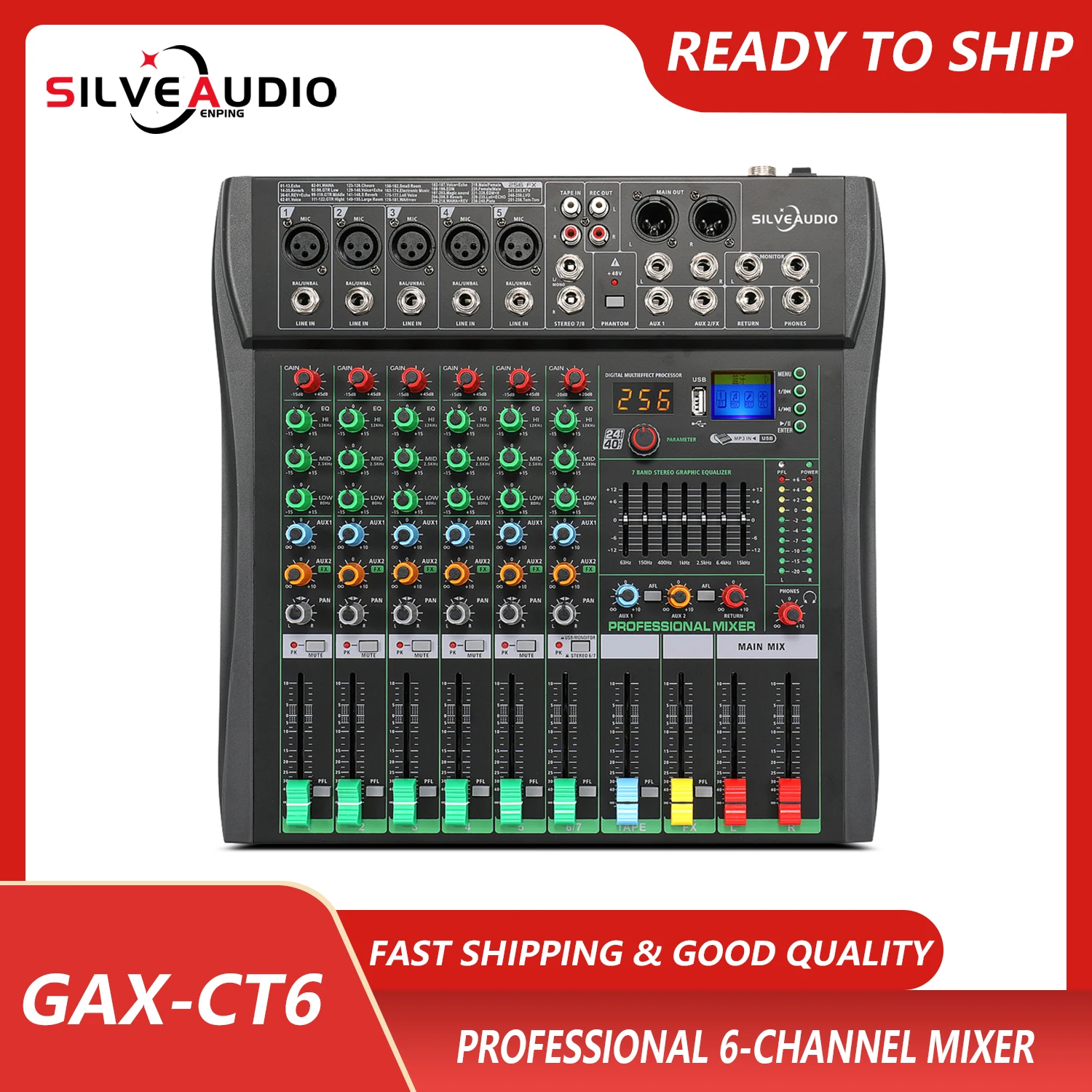 GAX-CT6 Professional 6-channel audio mixer for stage wedding performance with reverberation effect and BT USB live karaoke mixer