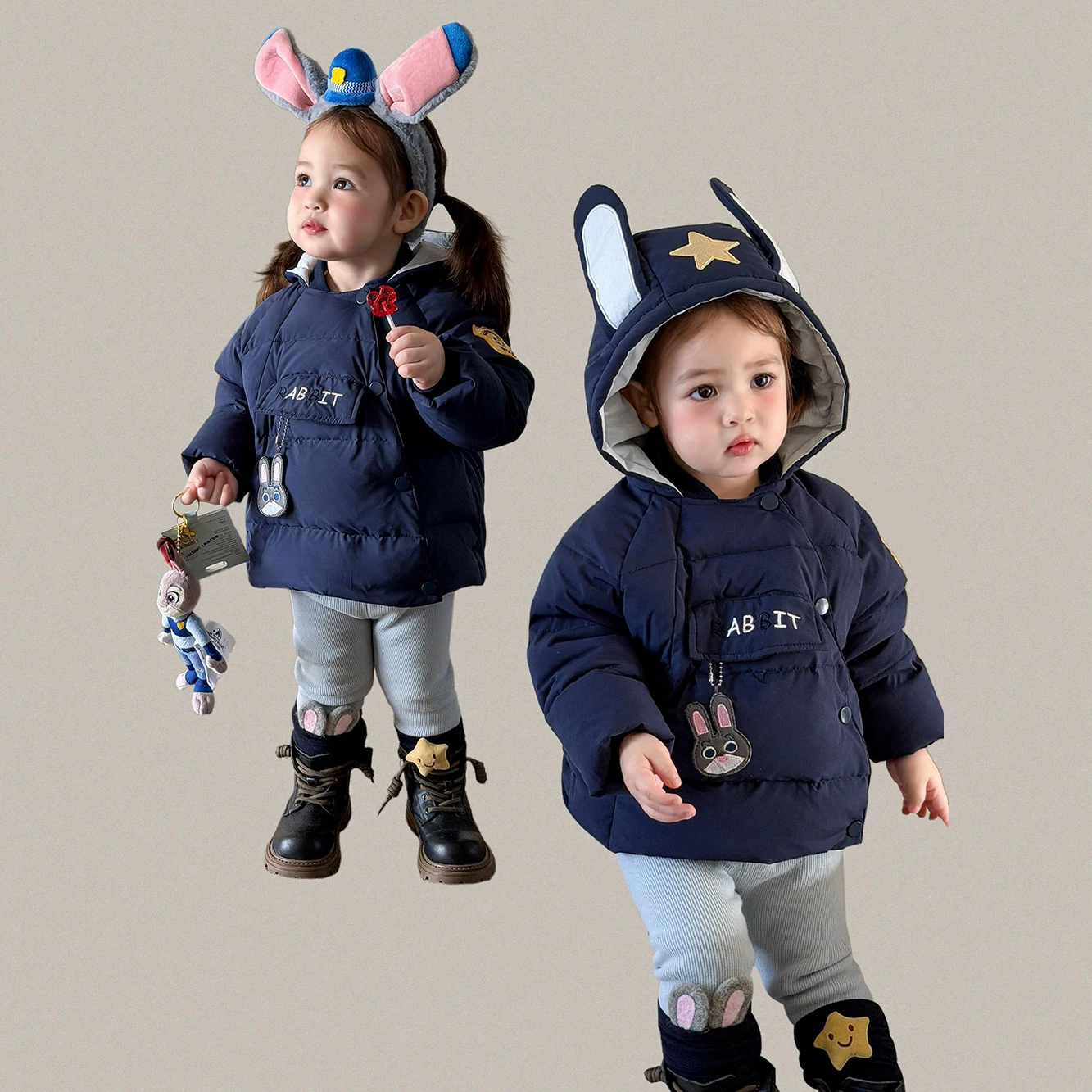 

Judy Rabbit Girls' Winter New Cute Hooded Single-Breasted Down Jacket Children's Fashionable Trendy Outerwear for Babies