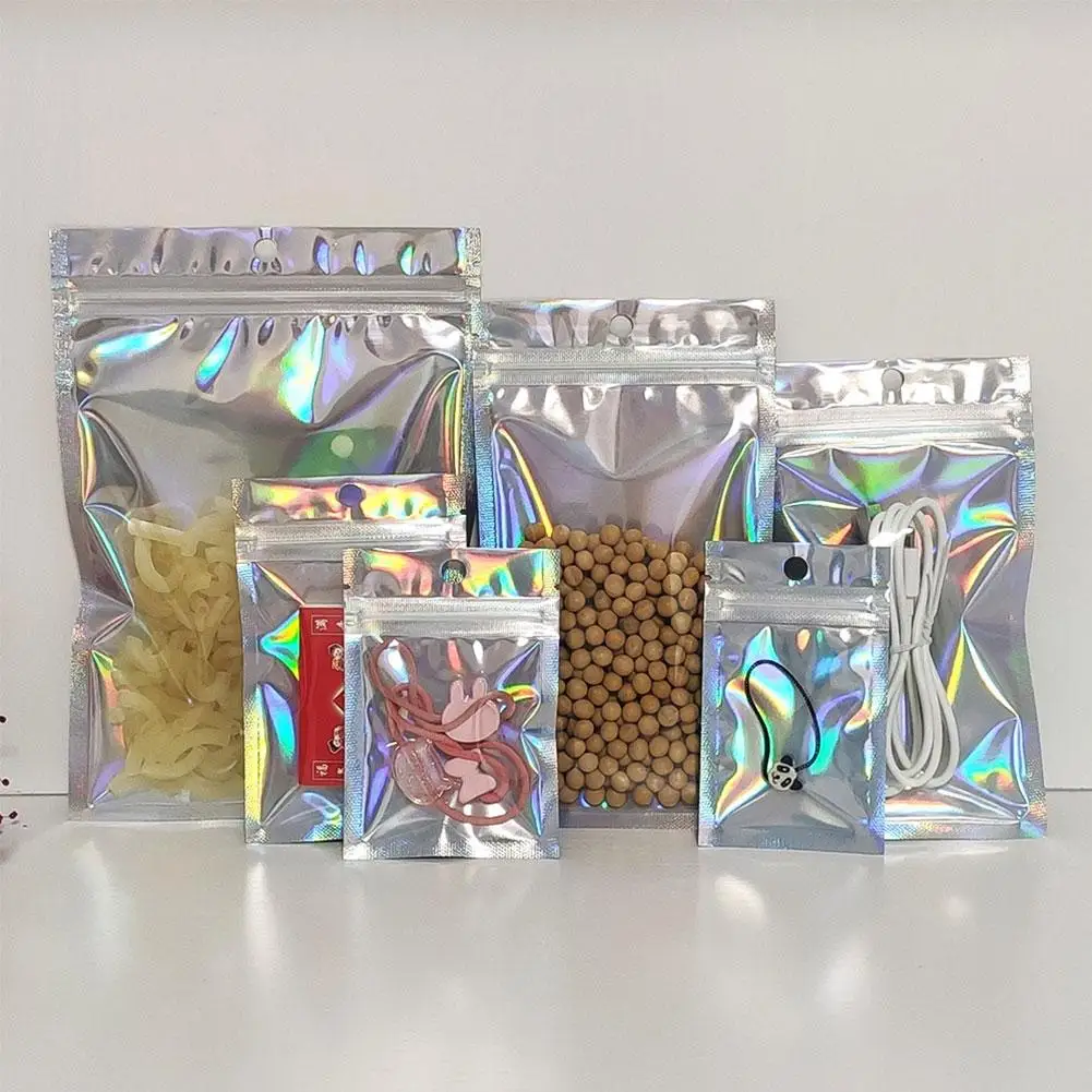 100pcs Thicken Mylar Holographic Laser Color Plastic Packaging Reusable Moisture-proof Jewelry Storage Pouch Gift Lock Bag