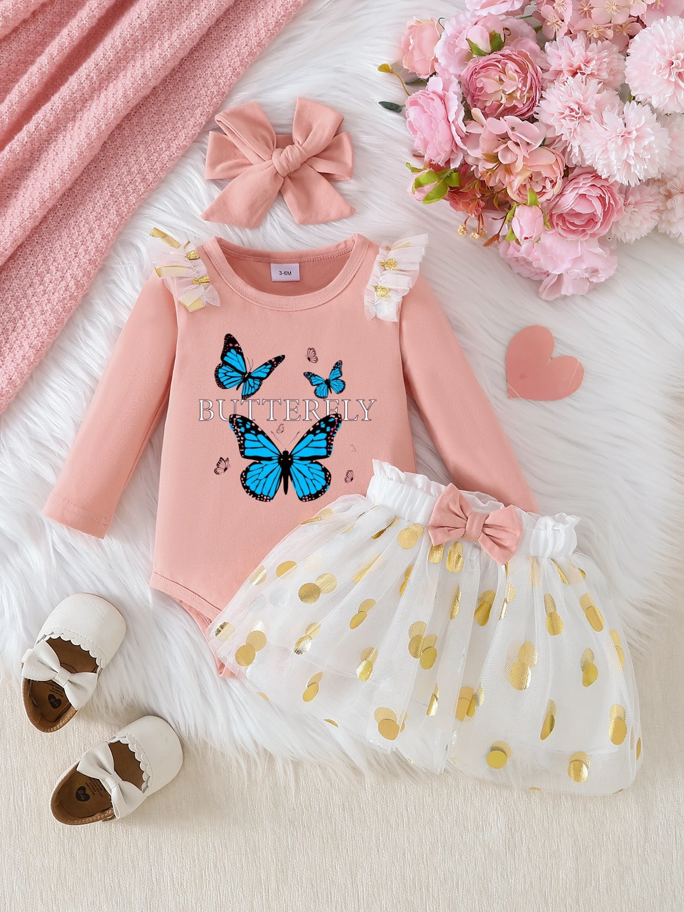Baby Pink And Blue Butterfly Decorated Three-Piece Set Sweet And Mischievous Gold Dot Tulle Skirt Cute Infant Outfit
