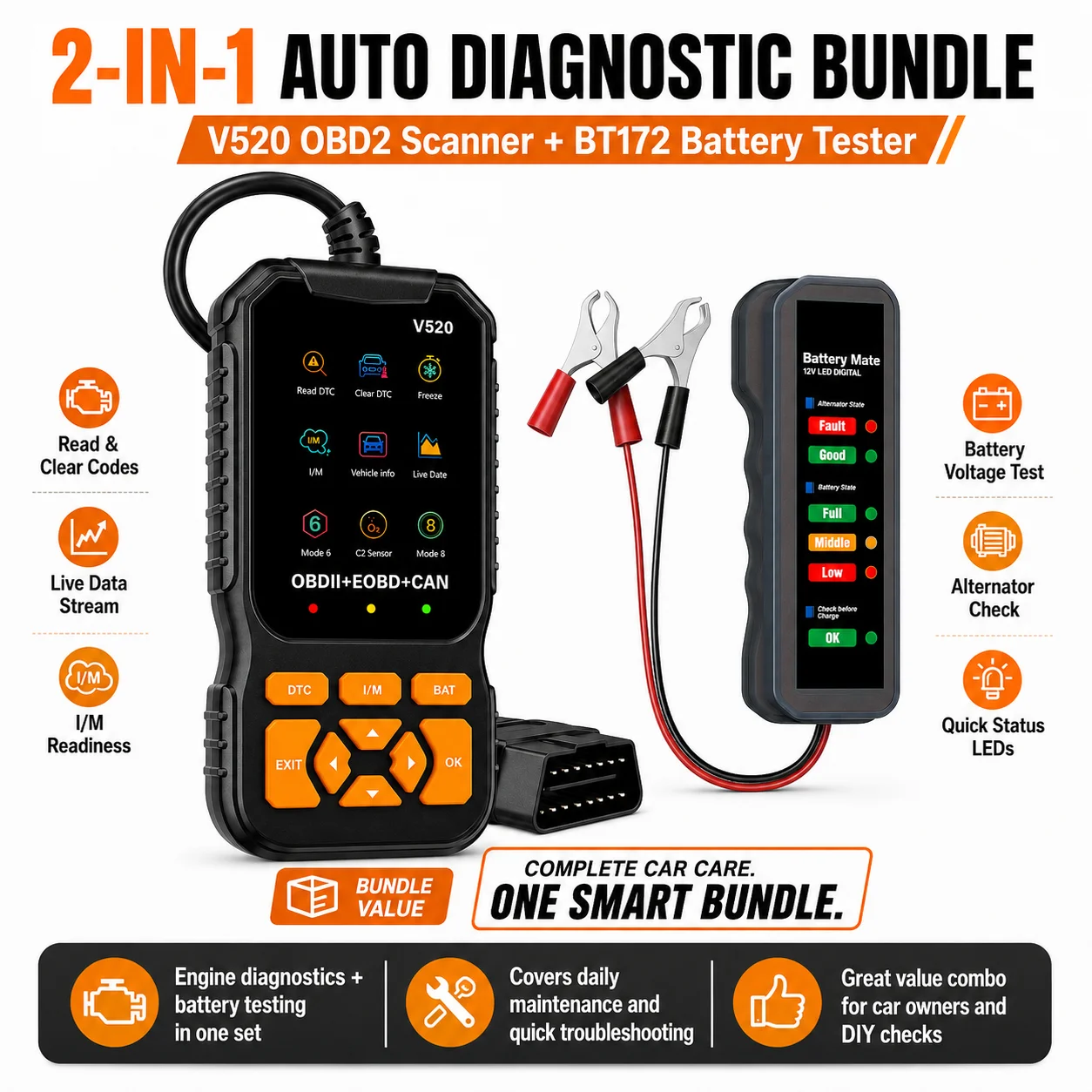 V520 OBD2 Scanner + BM310 Automotive Battery Tester Kit, Engine Fault Code Reader with 12V LED Battery Analyzer, Car Diagnostic