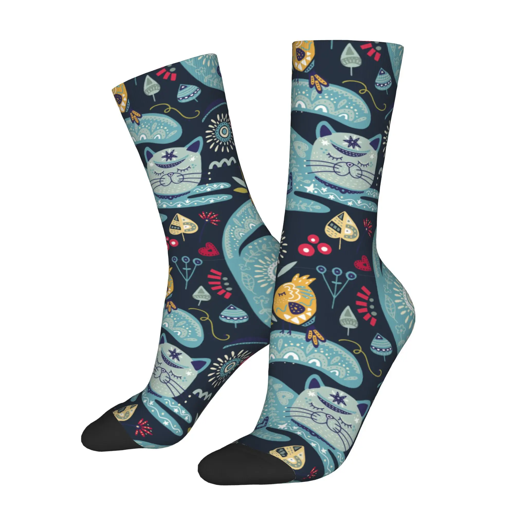 1pc Cute Cat and Bird and Flowers  Printed Men's Socks Novelty Hip Hop Harajuku Pattern Crew Sock Casual Gift