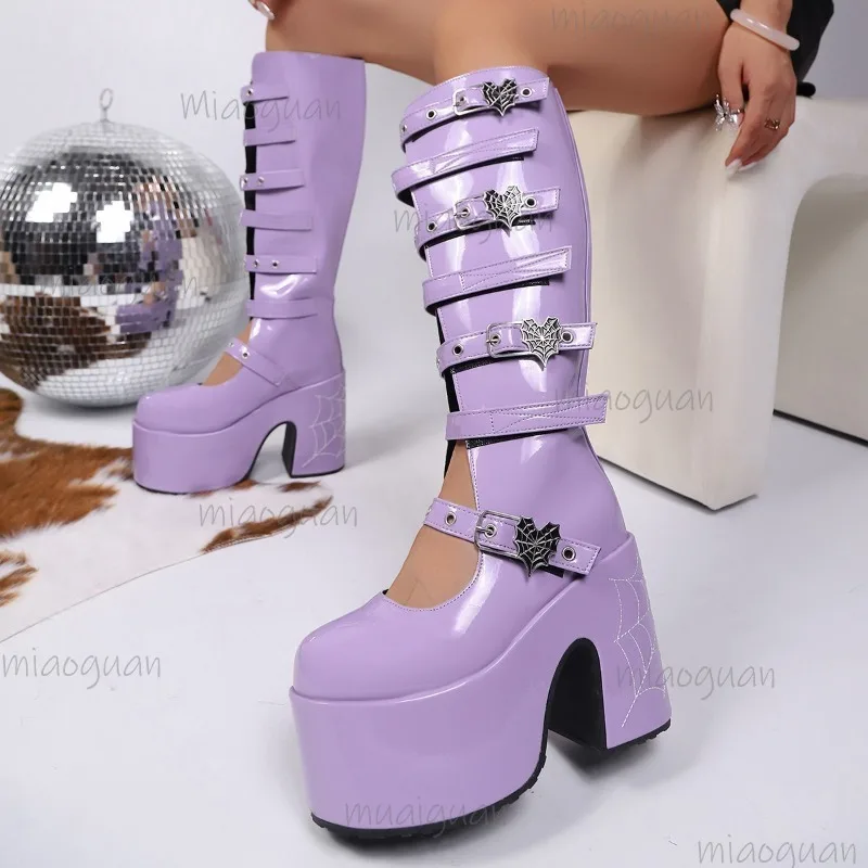 

Модные сапоги до колена на высоком каблуке с пряжками на ремне, черные, фиолетовые, женские длинные сапоги больших размеров на массивном каблуке с вырезом в стиле панк