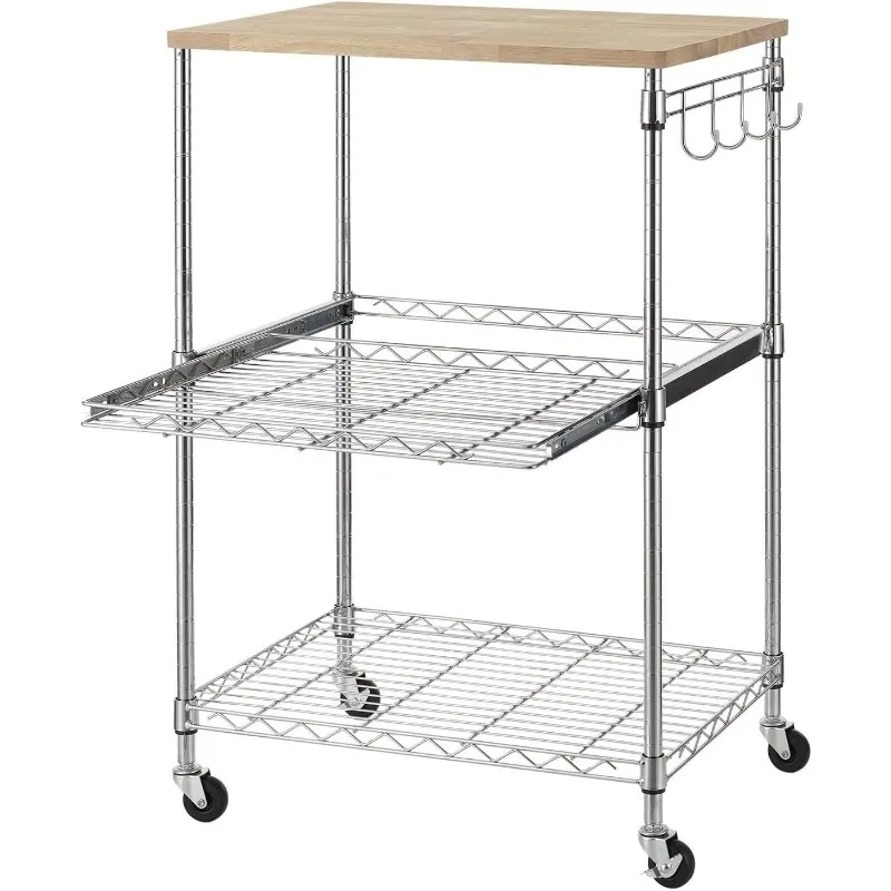 3-Tier Rolling Kitchen Cart, Microwave Cart with Oak Wood Tabletop and Drawer Slider, Coffee Cart & Food Service Cart w