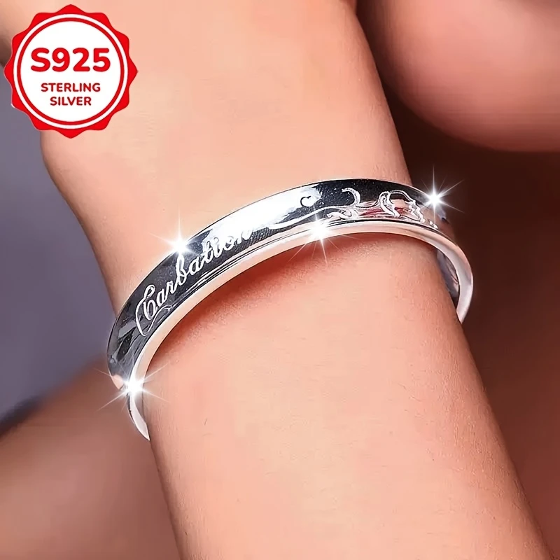 OUYADI Men Women 925 Sterling Silver Adjustable Open‑Cuff Bracelet, Delicate Carnation Carved Daily‑Wear Jewelry Gift