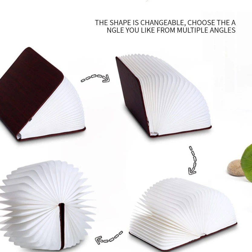 Lámpara de libro de madera: luz nocturna plegable LED de 3 colores con páginas talladas y modo de cuidado de los ojos