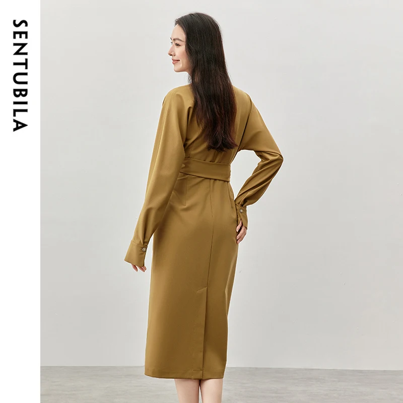 SENTUBILA Temperament Wool Dresses Women 2024 Autumn Straight Simple Twill V Neck Lace-up Waist Elegant Long Dress 143L57349