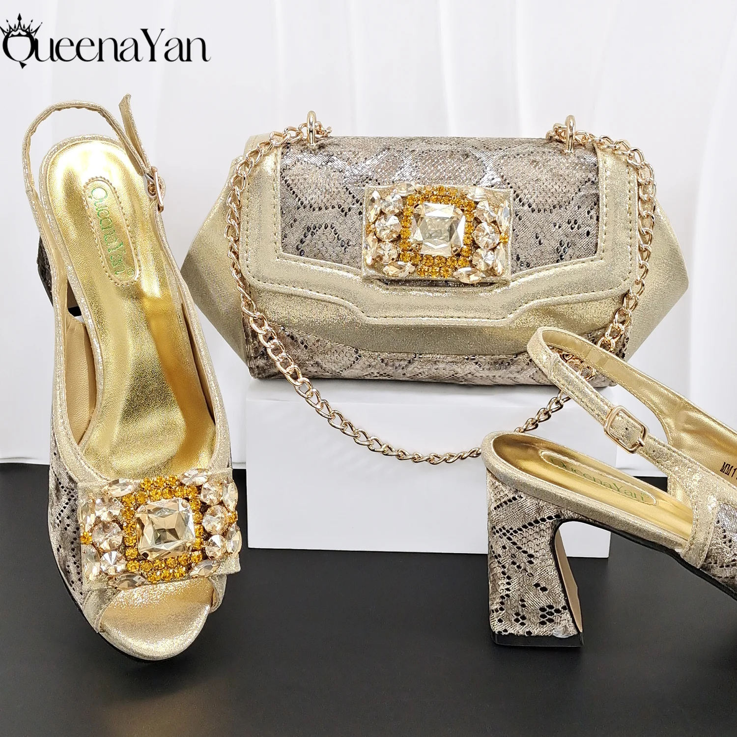 Party Products:Nigeria Ladies Minimalist Style Party Shoes Wedding Or Work Mid Heels And Bag Set With Rhinestone Big Size Shoes
