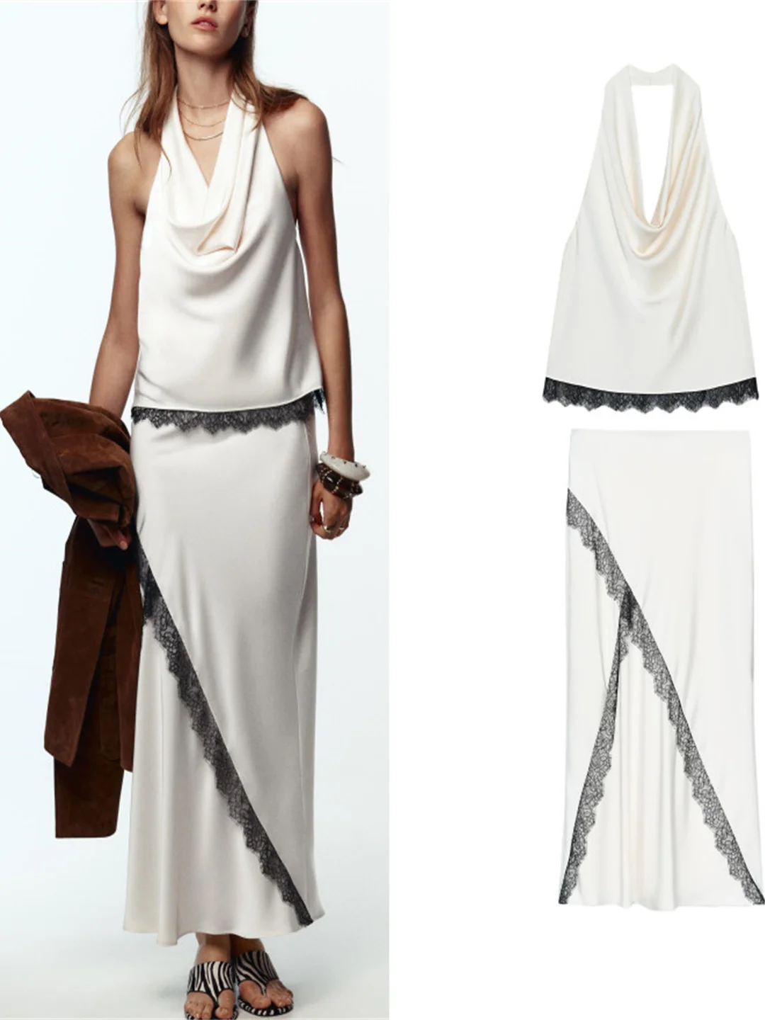 

Женский атласный комплект с кружевной отделкой, длинная юбка из неолена, повседневный комплект средней длины, круглый комплект из двух предметов Ne irt, осенняя мода