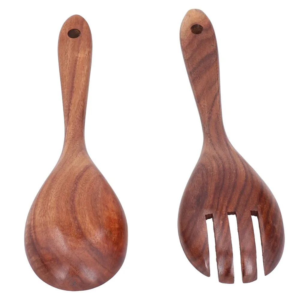 1 Set Retro Wood Salad Spoon Smooth Heat Resistant Fruit Fork Round Edge Short Handle Tableware Dessert Taking