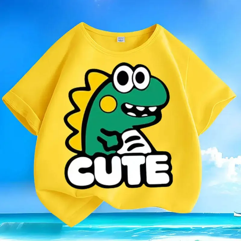 Children's Cotton Summer T-shirt Cartoon Dinosaur Print round Neck Short Sleeve Parent-Child Trendy Loose Top for Kids