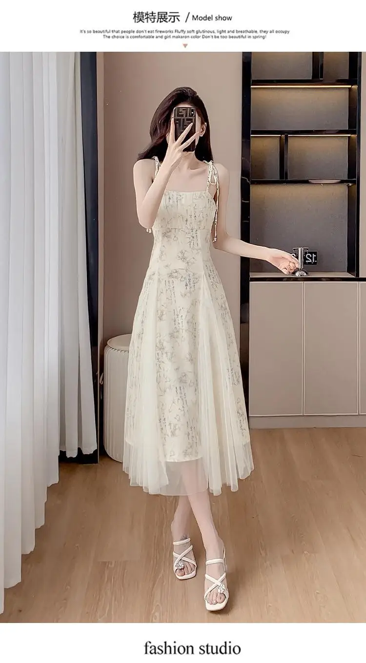 Novo vestido feminino com suspensórios e emenda de malha fluida com pintura de paisagem