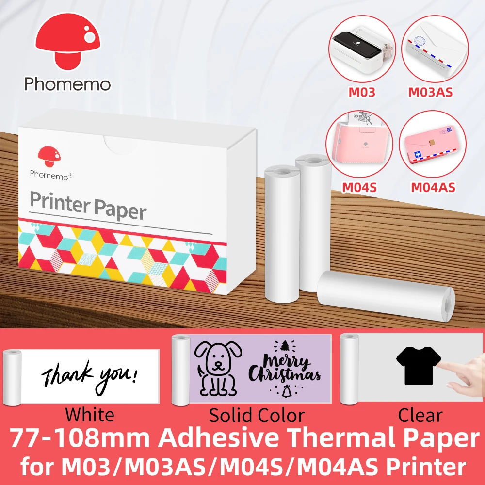 Phomemo White Label Thermal Paper for M03/M04S/M04AS Mini Printer Label Sticker Paper Roll Waterproof Anti-Oil Tear-Resistant