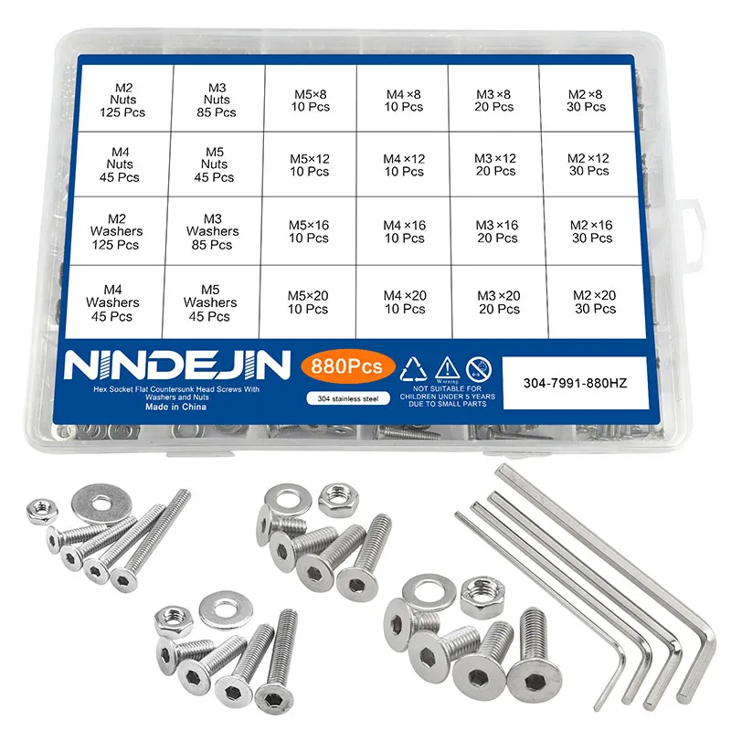 Nindejin 880 stücke Sechskant-Innen sechs kant schraube Sortiment Kit m2 m3 m4 m5 Edelstahl flache runde Kappe Kopfs ch raube und Mutter Set