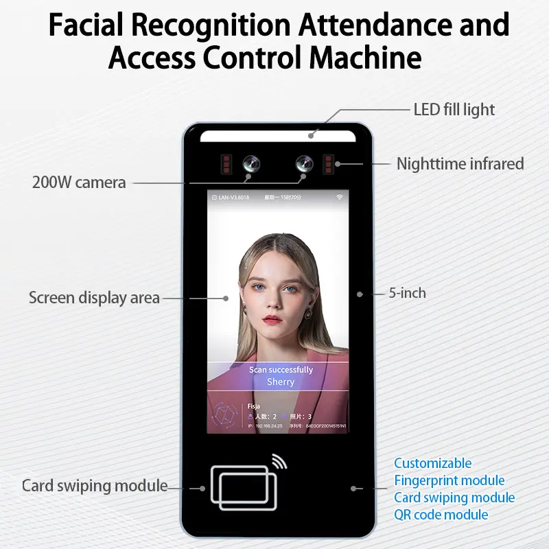 Trendy 5inch Facial Recognition Attendance Machine, NFC Swipe Access Control System All-in-One Terminal