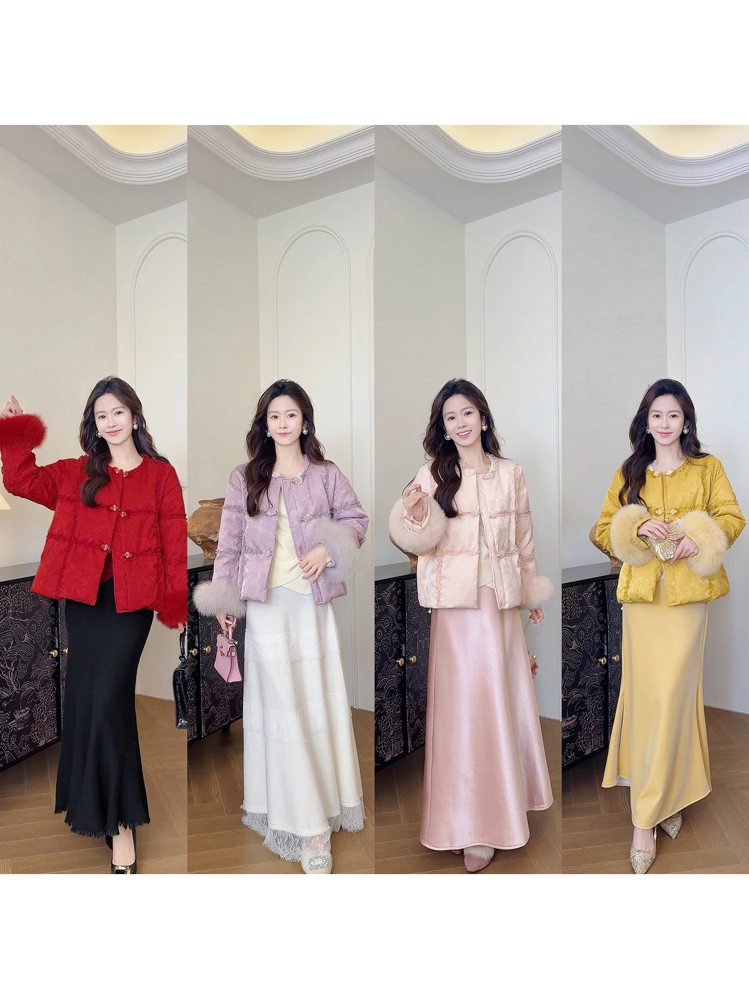 

Новая китайская женская утепленная куртка Gogos с меховыми манжетами, комбинированная, роскошная, модная, теплая, длинная