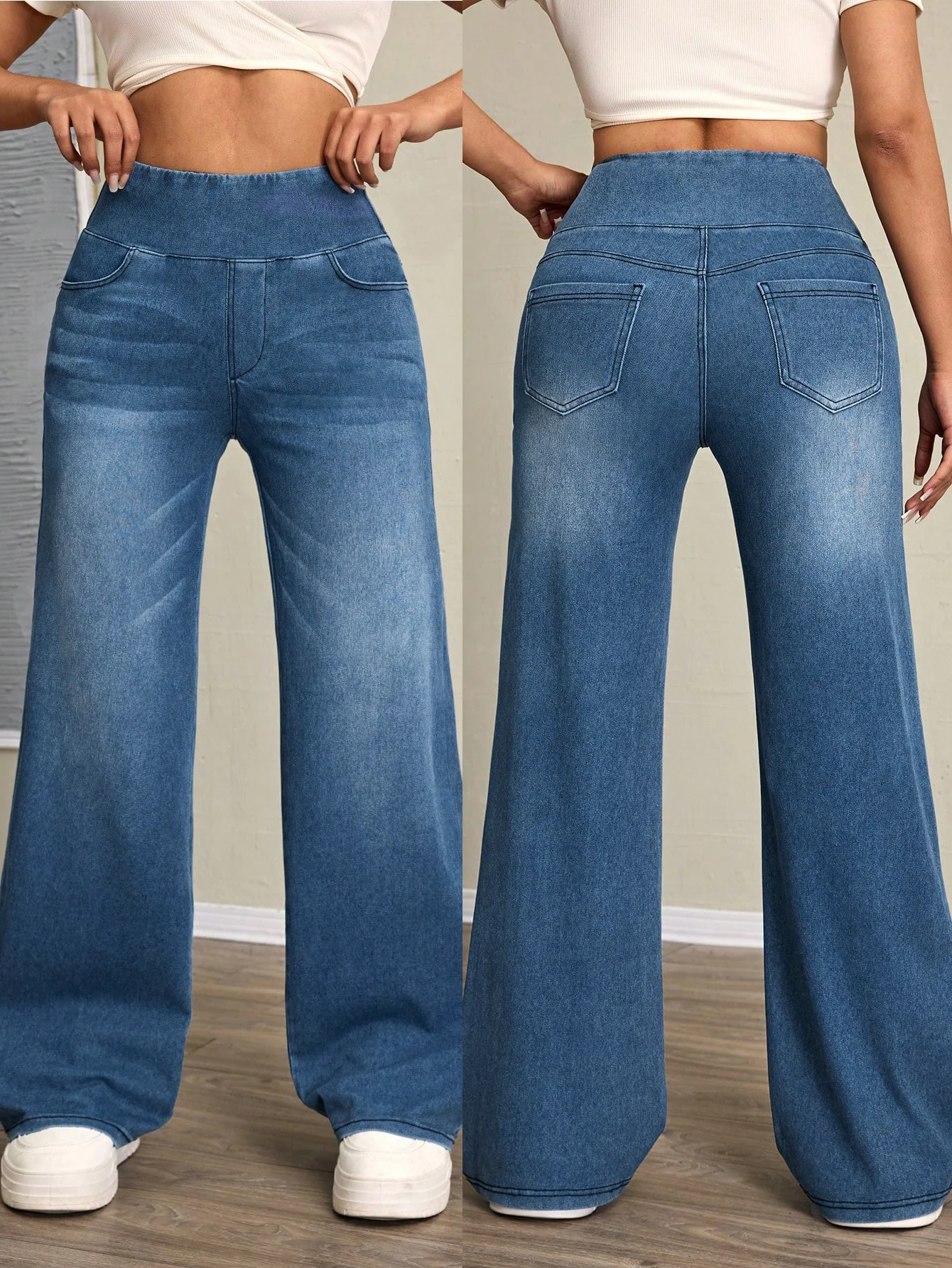

Autumn Women's Washed Blue High-Waisted Wide-Leg Jeans stretch denim fabric is fashionable and suitable for casual everyday wear