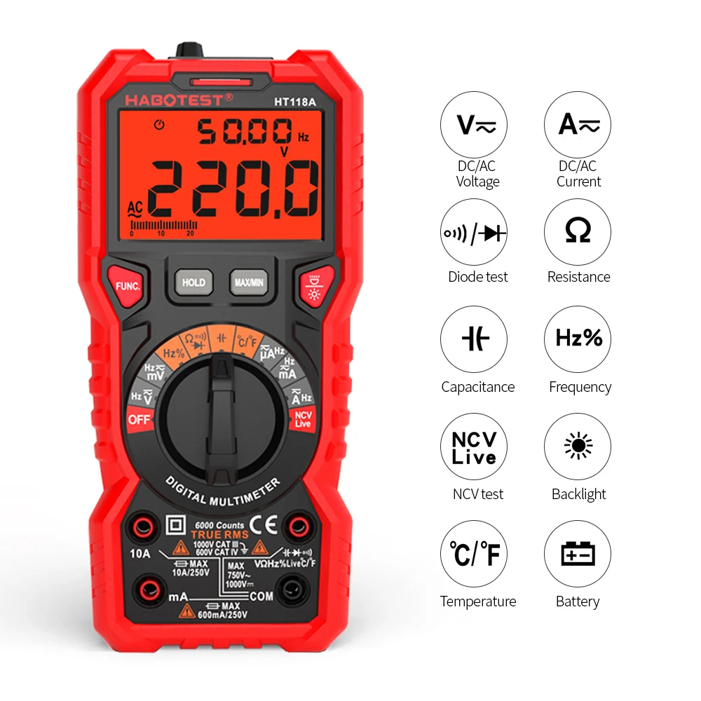 HT118A Digital Multimeter Auto Range Multi-meter 6000 Counts True RMS Measuring AC/DC Voltage Current