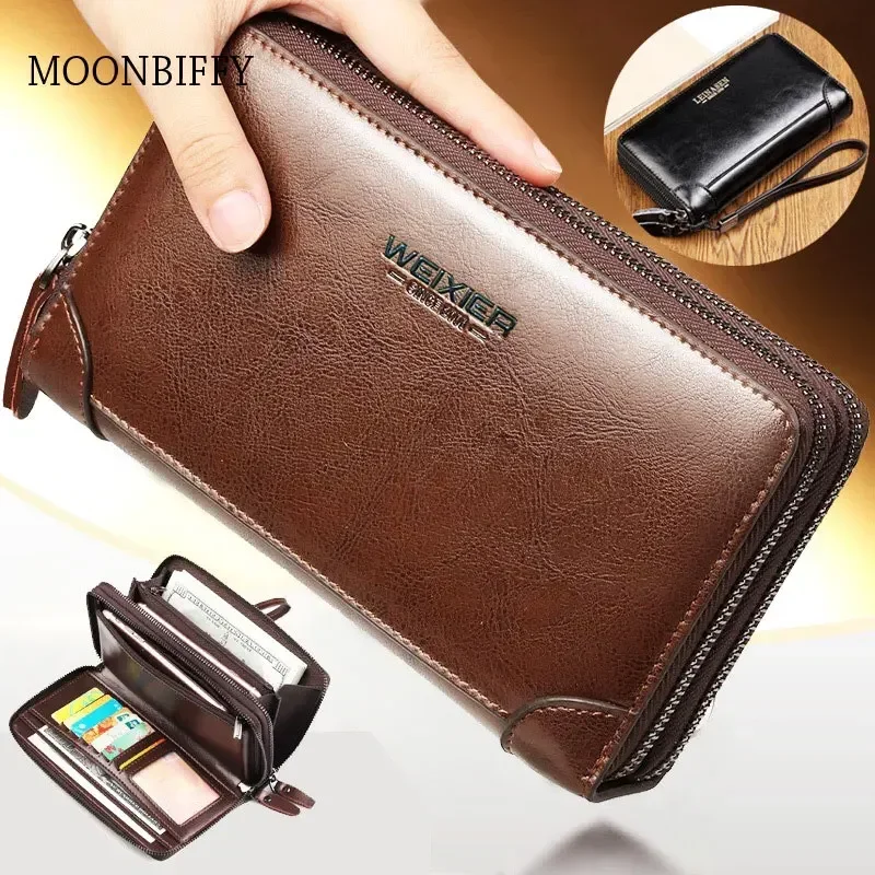 Men Long Wallet Men Double Zipper Coin Pocket Male Wallet Purse Casual Business Card Holder Vintage Large Wallet Male Clutch Bag