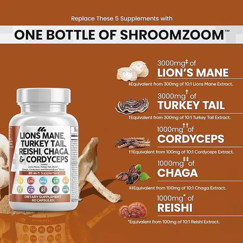 Lion mane 20in1 mushroom supplement with turkey tail, Ganoderma lucidum, cordyceps sinensis, and shiitake mushrooms