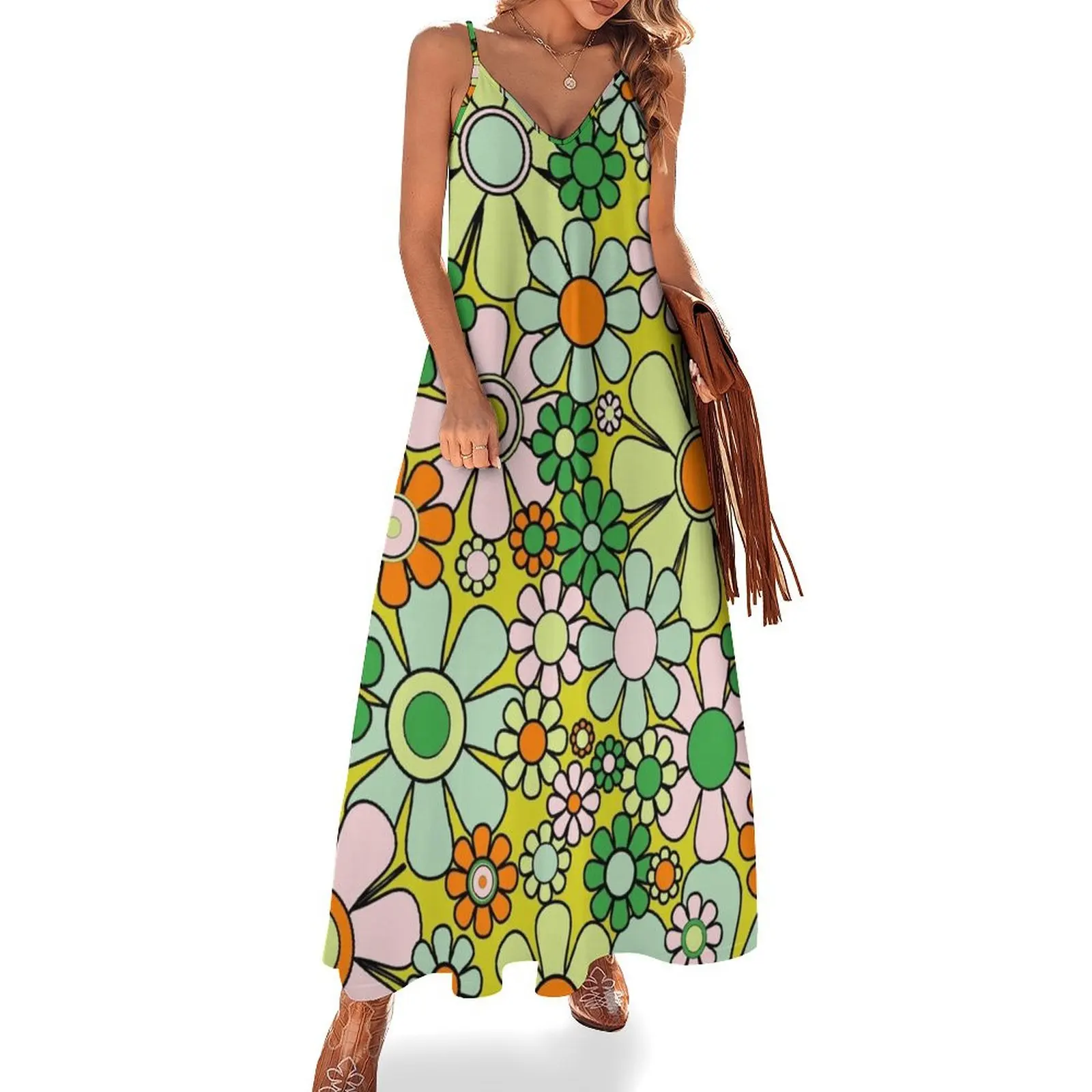 

Retro Garden Flowers Groovy 60s 70s Spring Pastel Floral Pattern Lime Green Orange Pink Black Sleeveless Dress dress