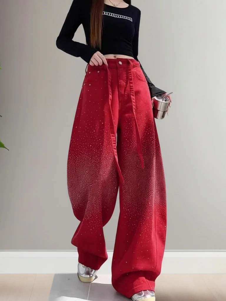 

Spring 2026 Vintage Casual Heavy Du Star Red Straight Leg Denim Pants Women Wide Leg Long Trousers Casual High Waist Blue