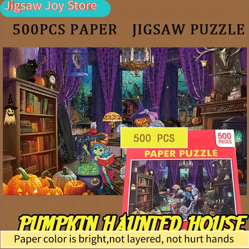 

500 шт. бумажных пазлов на Хэллоуин для взрослых - Сцена с жутким тыквенным домиком - 18x11 дюймов (46x28 см) - толщина 1,5 мм, серый цвет
