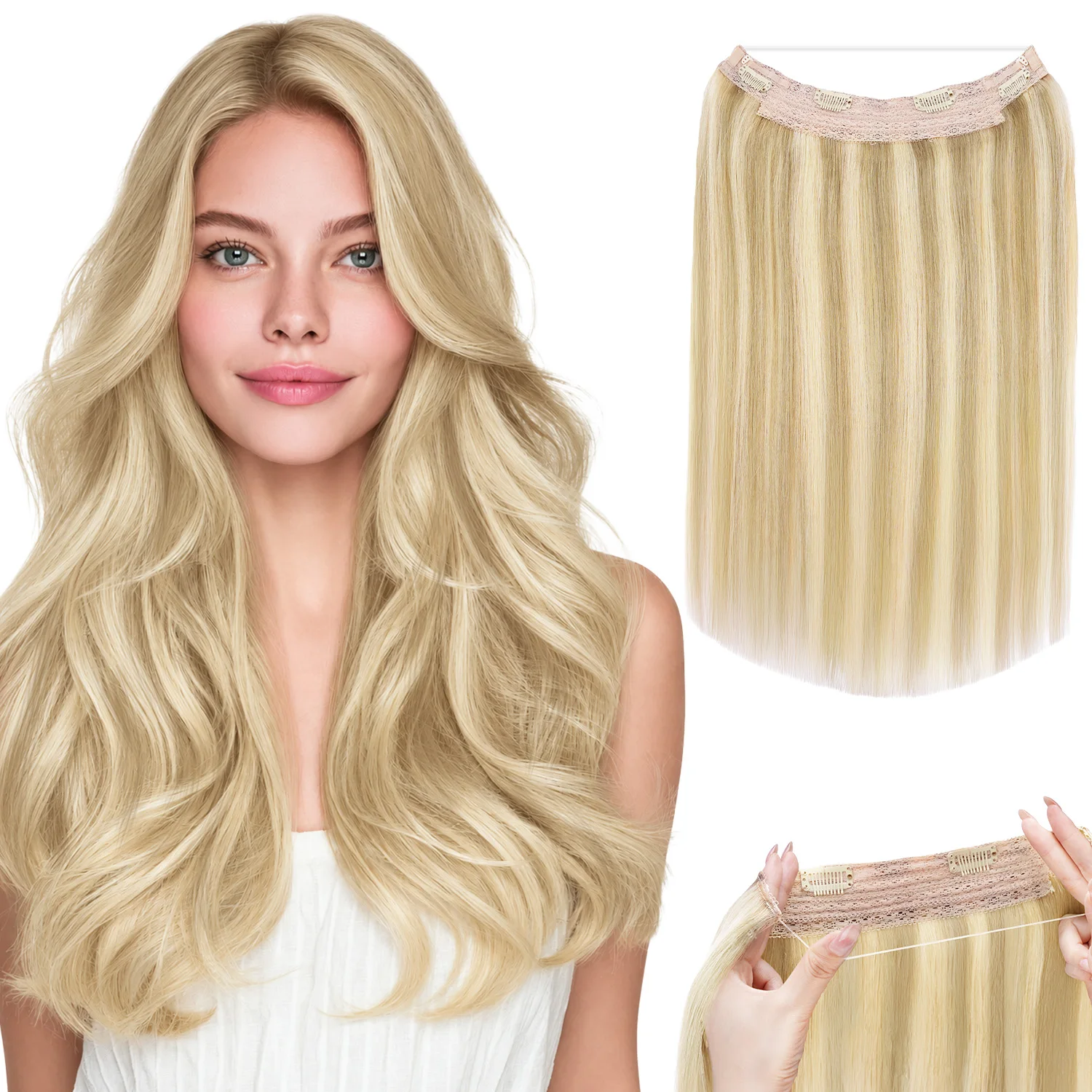 Sunmofavo Invisible Wire Halo Hair Extensions 100% Remy Human Hair Fish Line with 4 Anti-slip Secure Clips Golden Blonde Highlights Seamless Hairpiece for Women Daily Party Occasion Wear Instant Volume