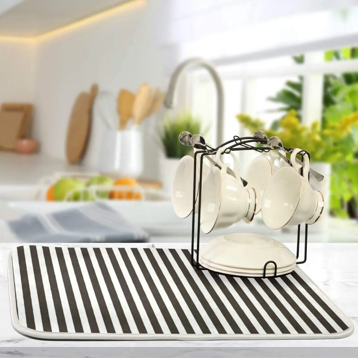 Black Striped White Dish Drying Mat for Kitchen Absorbent Microfiber Drying Pad Dish Mat 24\