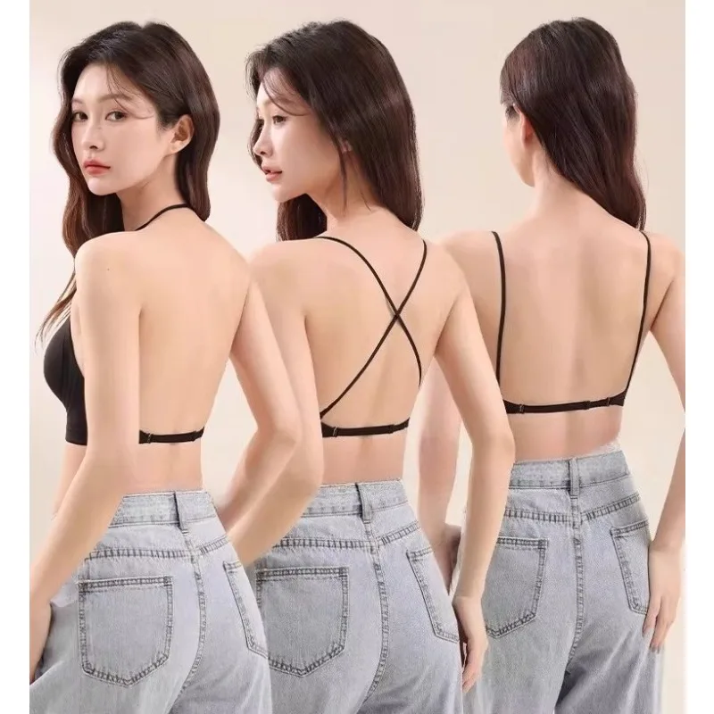 Top Hot Women Summer Lightweight Backless Halter Bra Thin Straps Seamless Push Up Small Bust Multi Wear Fuller Chest  YEMOMOS-XL