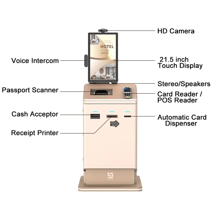 21.5 Inch Floor Standing Self Service Booth Check In Kiosk Hotel-check-in-kiosk With The Banknotes Payment Credit Card Reader