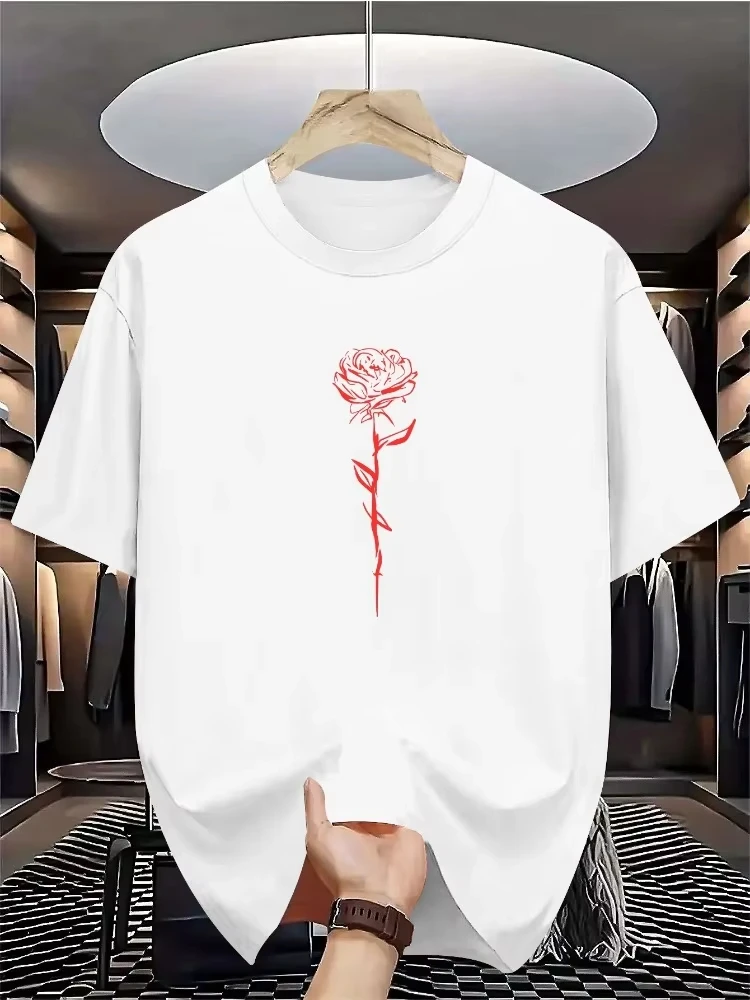 Men Summer White Short Sleeve T Shirt Minimal Red Line Art Rose Graphic Crew Neck Loose Casual Streetwear Daily Fashio Mens Tops