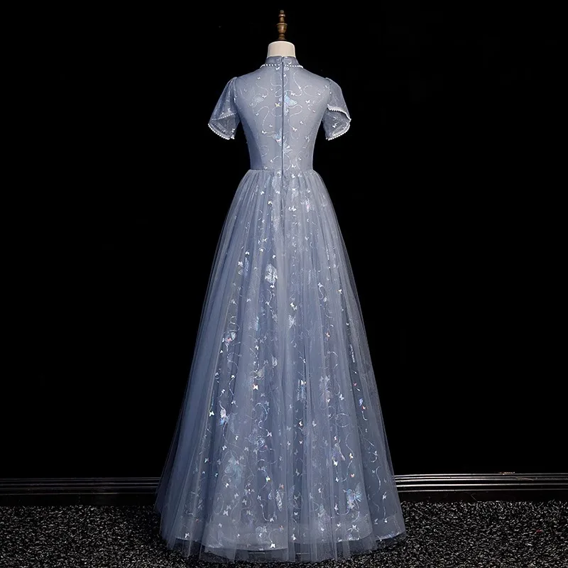 Elegancka suknia wieczorowa na bankiet 2026, nowa, z temperamentem, na zaręczyny, dla prowadzącej, niebieska, na ceremonię ukończenia szkoły, dla studenta, na egzamin artystyczny.