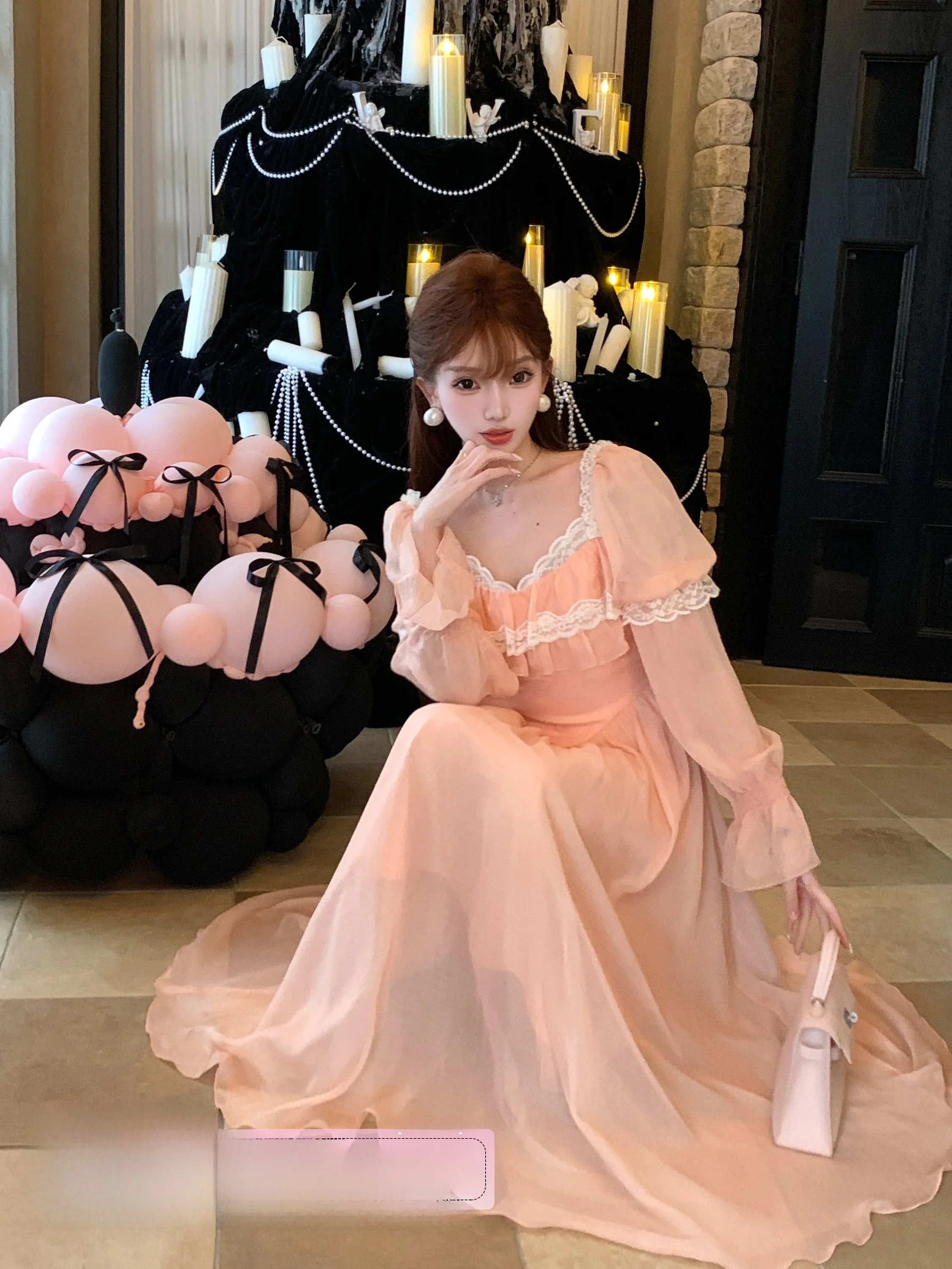

Pure Desire Style Orange Candy Girl Dress A-Line Long Skirt Lantern Sleeve Heart Collar High Waist Zipper Closure Daily Wear